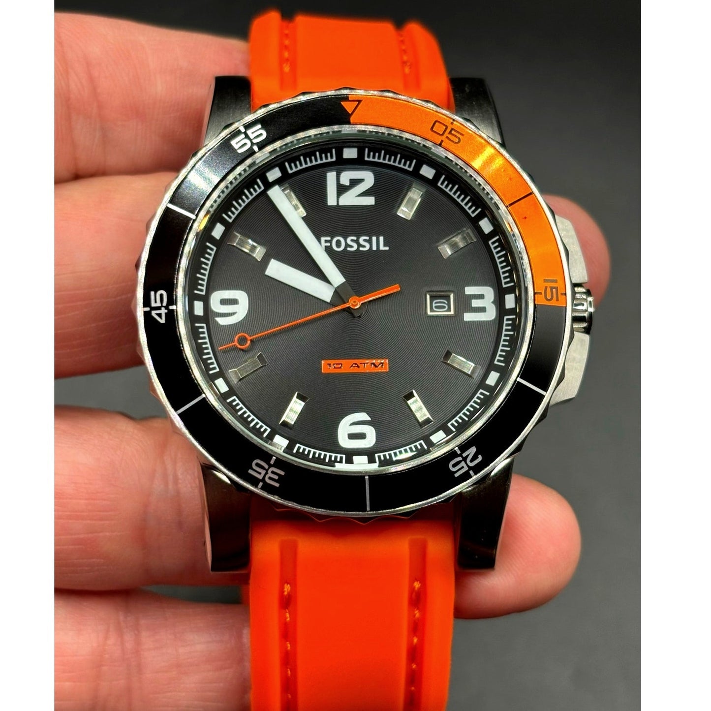 Fossil Sport AM4259 Dive Style Orange Silicone Strap Men’s Watch 46mm 10 ATM NIB