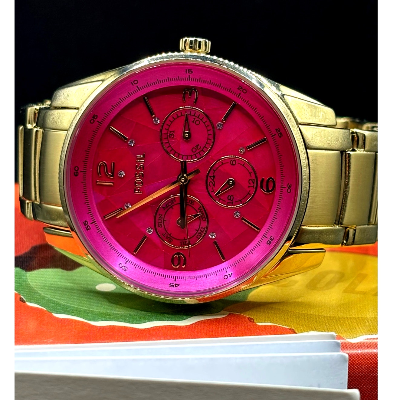 FOSSIL BQ1682 Stella Collection Hot Pink Dial Golden Bracelet Women's Watch