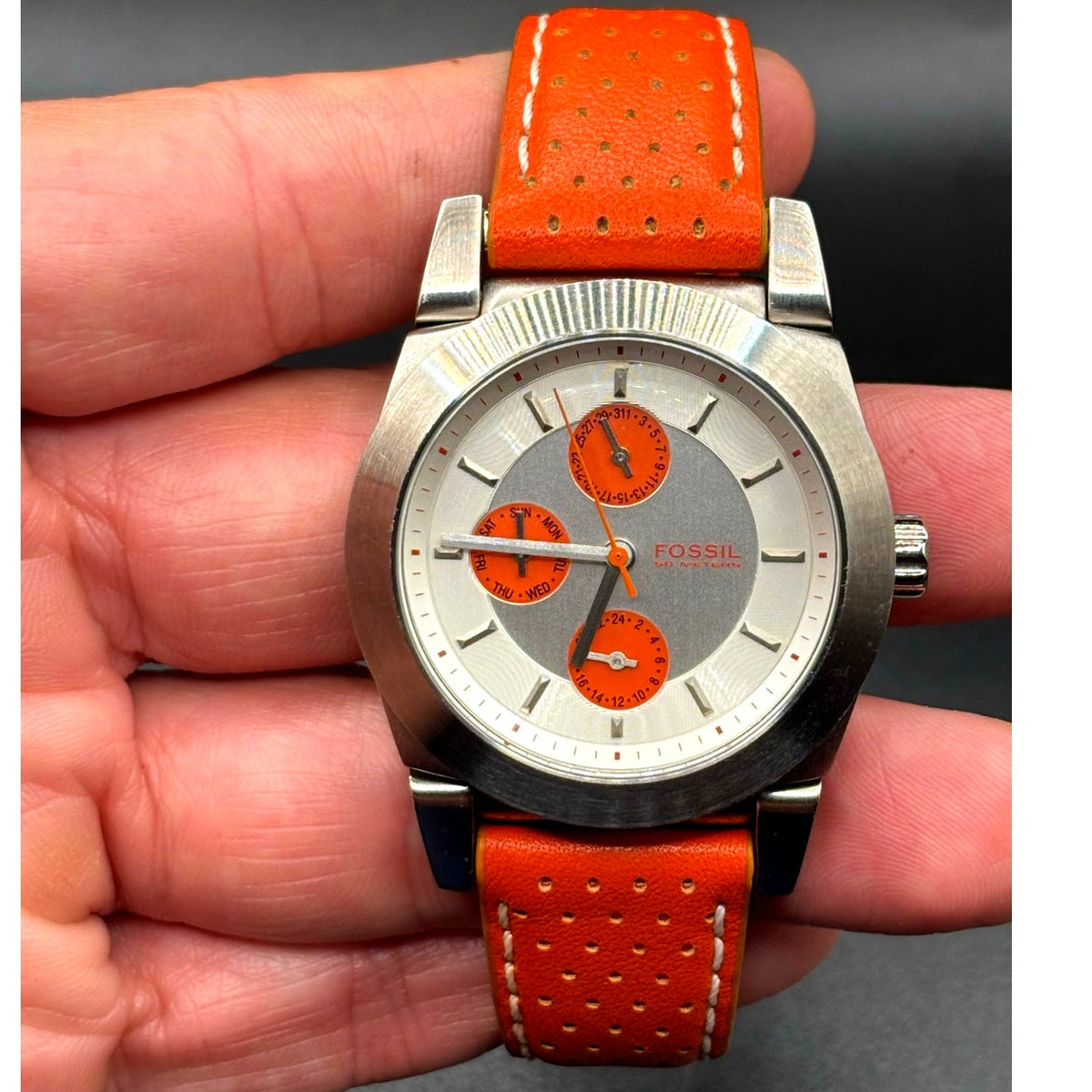Fossil Boyfriend BQ9355 Multifunction Silver Orange Dial Leather Watch 50M
