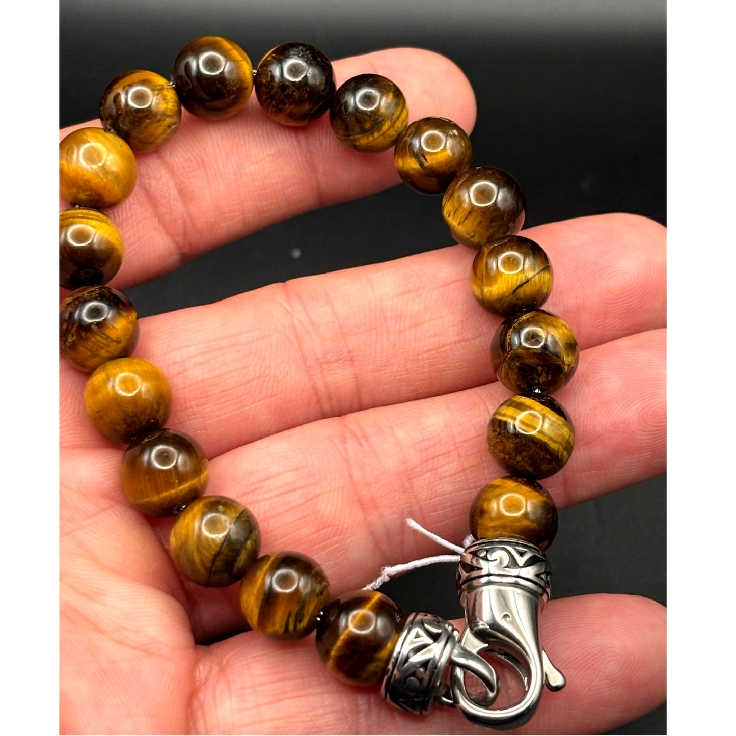 Blackjack BJB244BTE Mens Genuine 10mm Tiger Eye Stainless Steel Beaded Bracelet