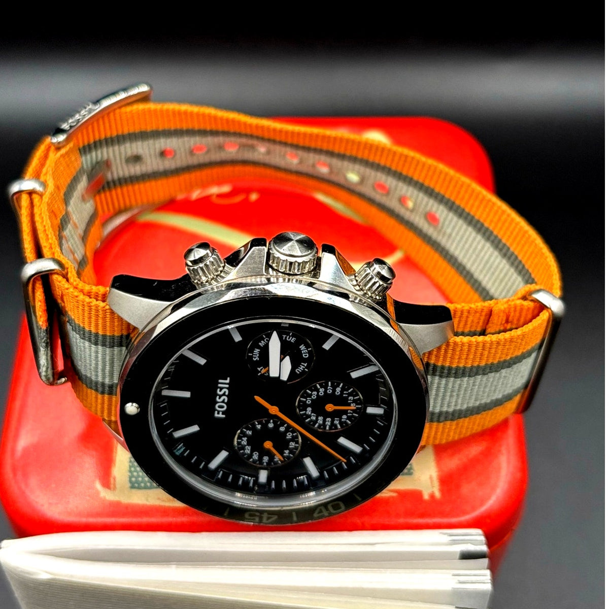 Fossil Bannon BQ2677 Multifunction Black Dial Orange Green Nylon Mens Watch 45mm