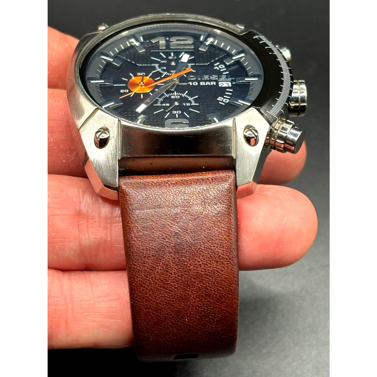 Diesel DZ4204 Men’s Overflow Chronograph Silver Case Brown Leather Watch