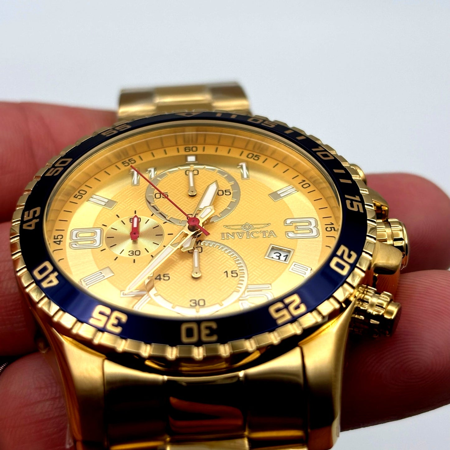 Invicta Specialty 49095 Mens Chronograph 45mm Gold Stainless Steel Blue Bezel