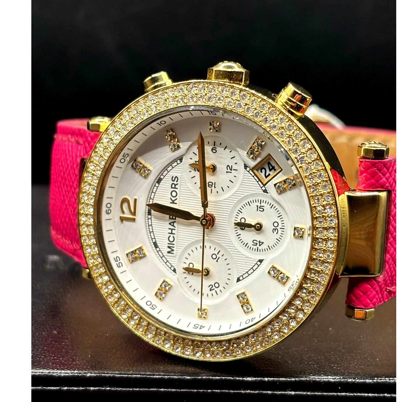 Michael Kors Parker MK2297 Crystal Chronograph Pink Leather Watch NWT