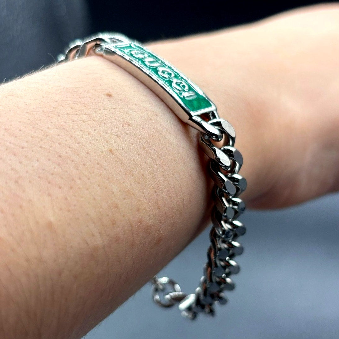 Gucci Sterling Silver Turquoise Enamel Logo ID Unisex Bracelet 7.5 NIB
