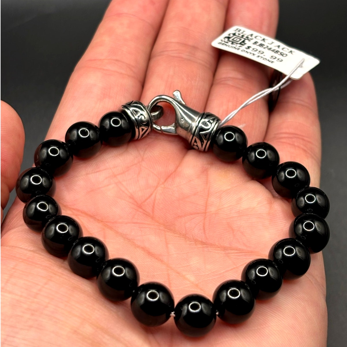 Blackjack BJS244BSO Men's Black Onyx Beaded Bracelet Stainless Steel NIBWT