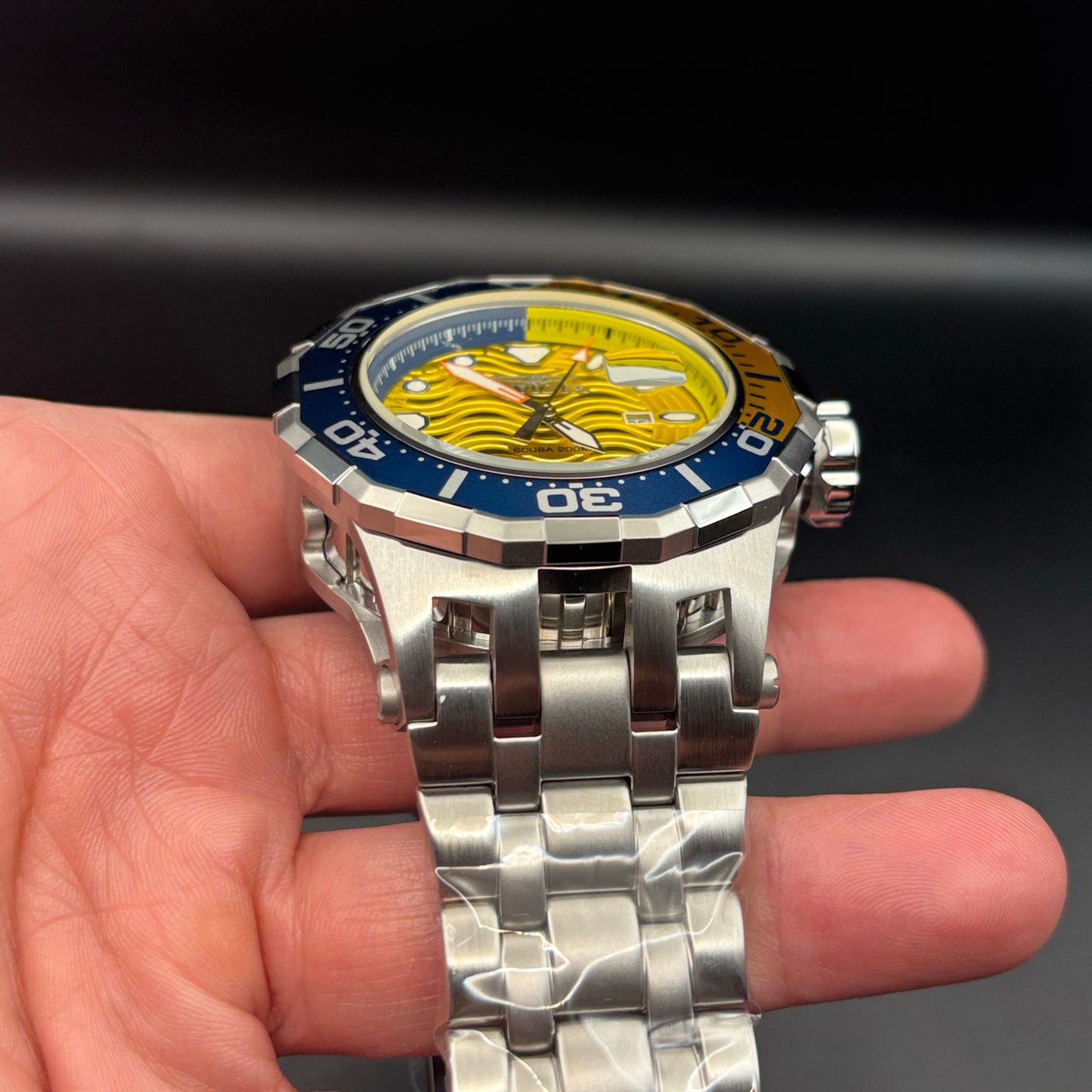 Invicta 47844 Pro Diver Wave Scuba Yellow Dial Blue Bezel Steel Alum Men's Watch