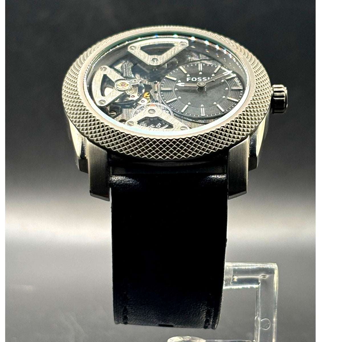 Fossil ME1129 Machine Twist Hybrid Smoke Gray Black Leather Men's Watch 45mm