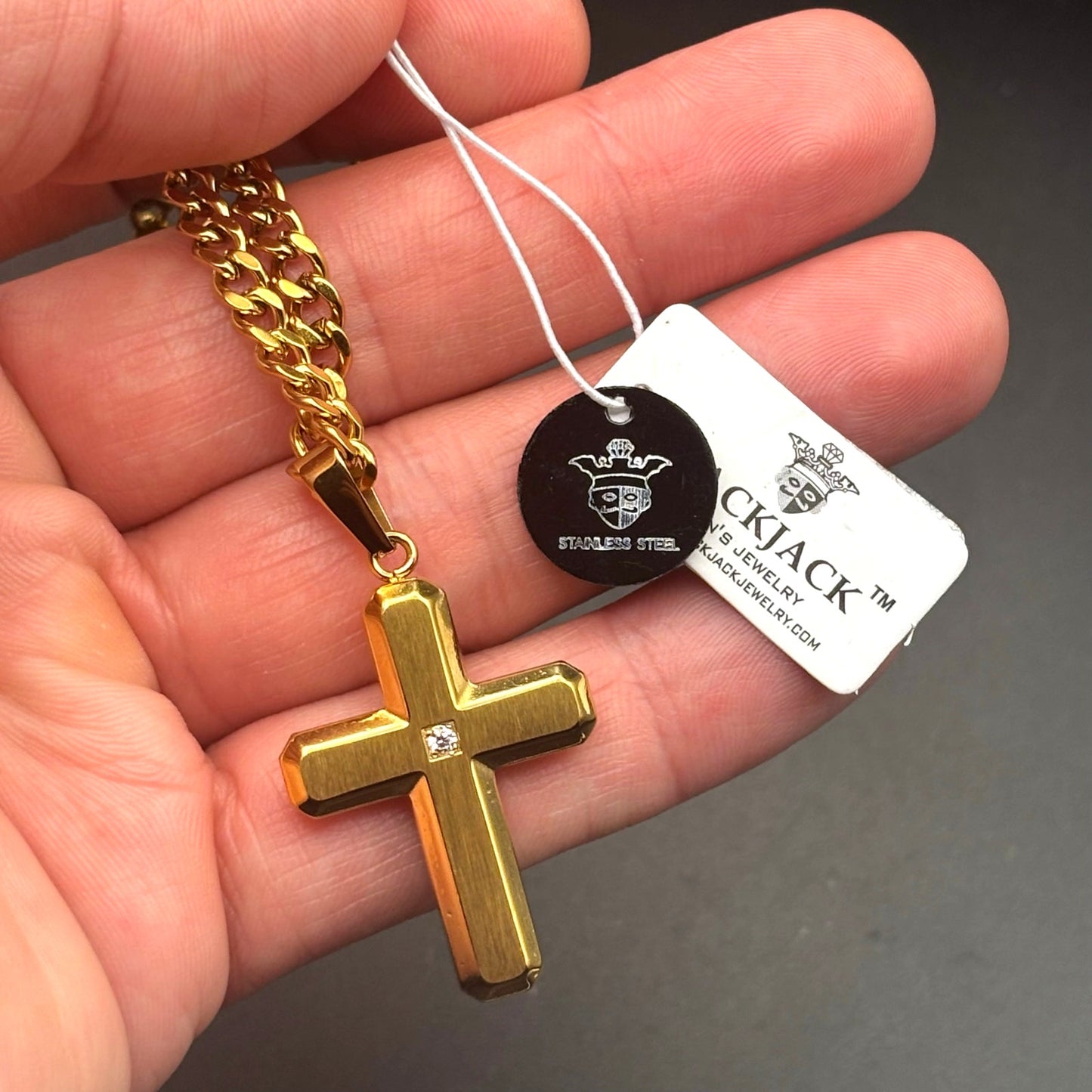 Blackjack BJP176G Mens Gold Stainless Steel Cross Pendant Necklace With CZ NIBWT