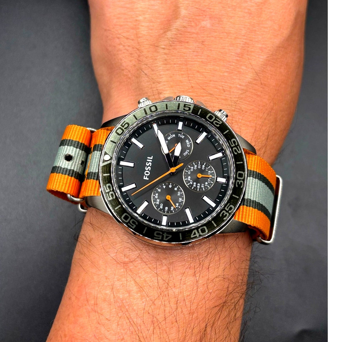Fossil Bannon BQ2677 Multifunction Black Dial Orange Green Nylon Mens Watch 45mm