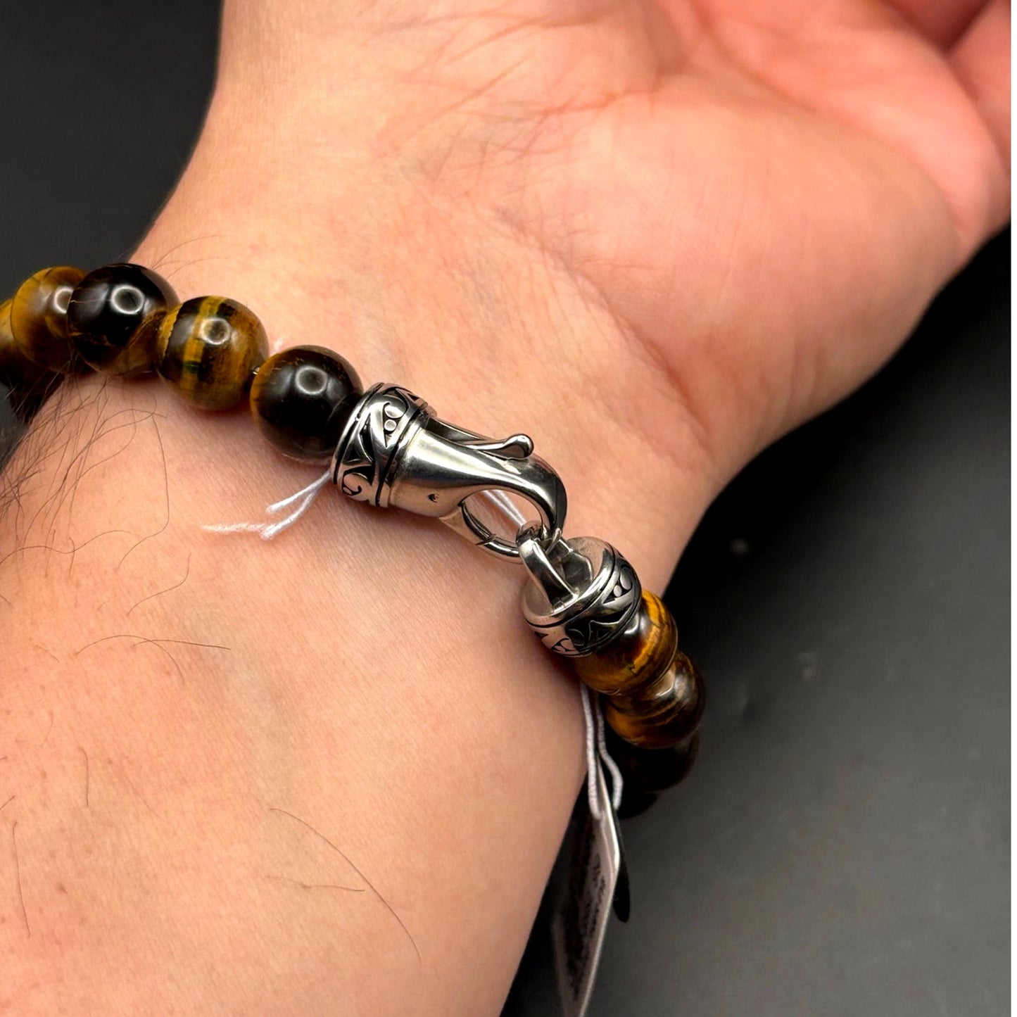 Blackjack BJB244BTE Mens Genuine 10mm Tiger Eye Stainless Steel Beaded Bracelet