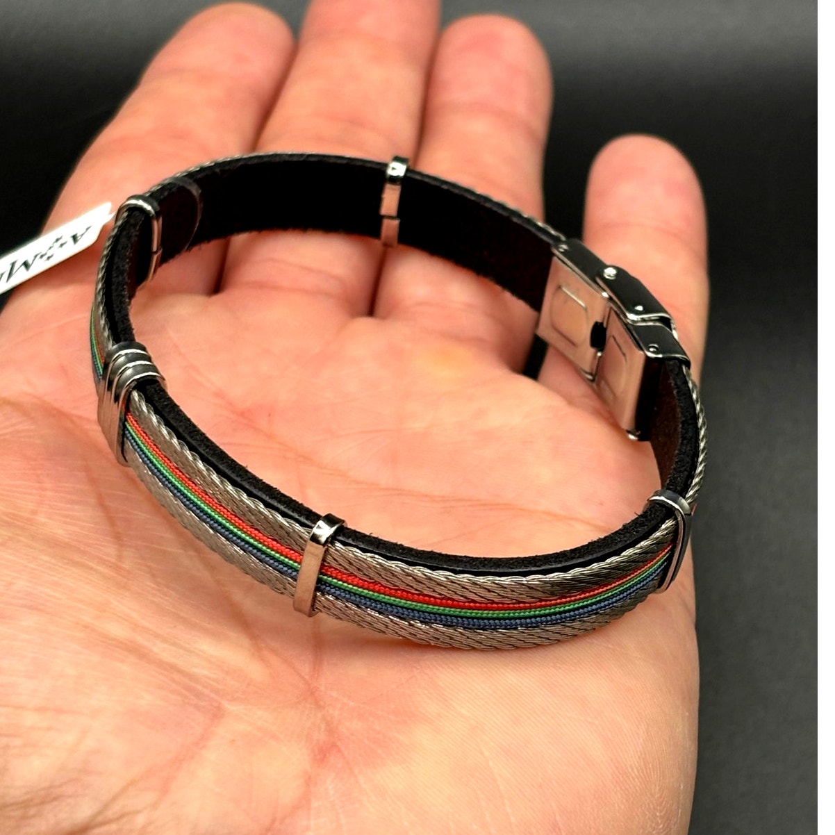 AMEN Italian Stainless Steel Cable Men's Bracelet Leather Red Green Blue NWT