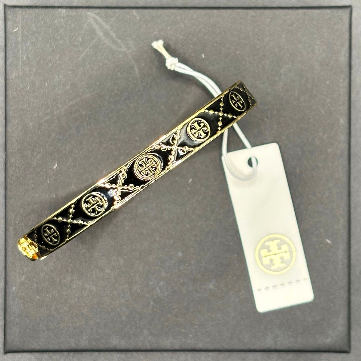 Tory Burch Icon Double T Black Gold Tone Hinged Women’s Bracelet NWT