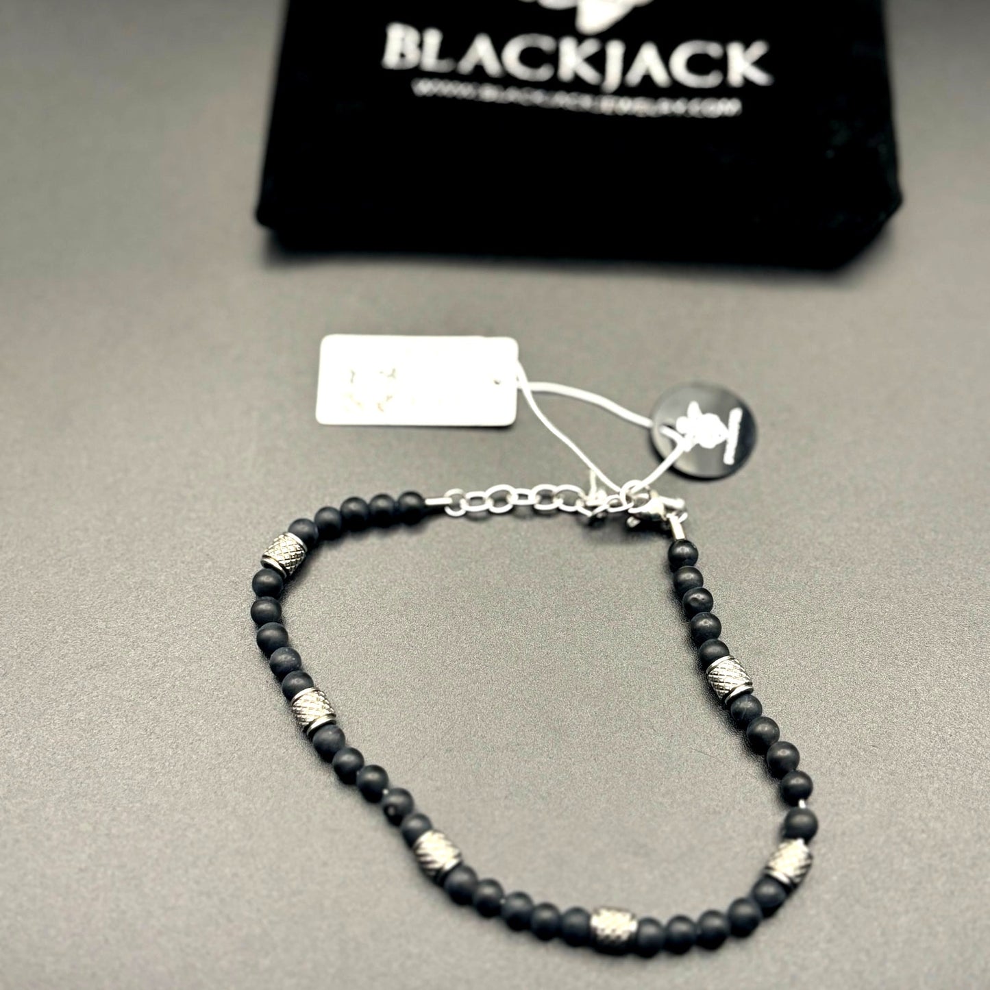 Blackjack BJS37BON Mens Genuine Onyx Stainless Steel Beaded Bracelet NIBWT