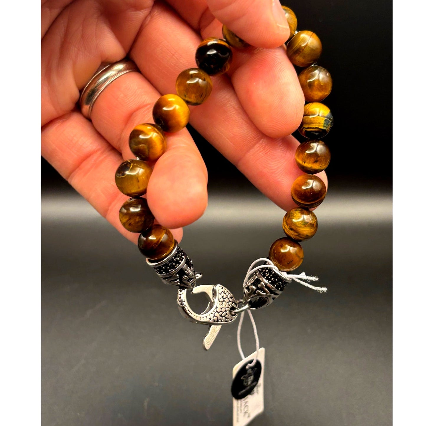Blackjack BJS16BTE Men's Genuine 10mm Tiger Eye Stainless Steel Beaded Bracelet