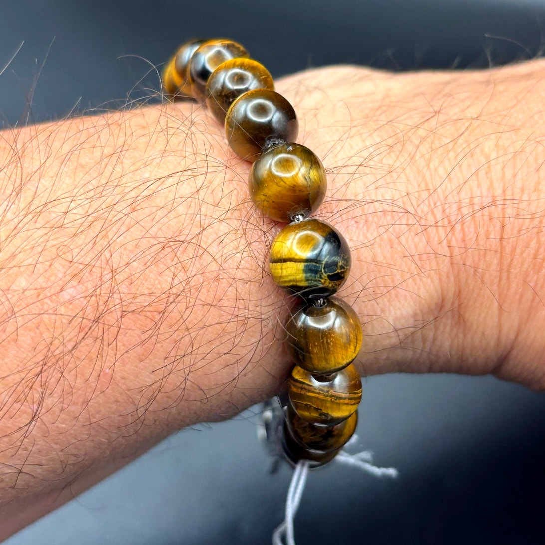 Blackjack BJS16BTE Men's Genuine 10mm Tiger Eye Stainless Steel Beaded Bracelet