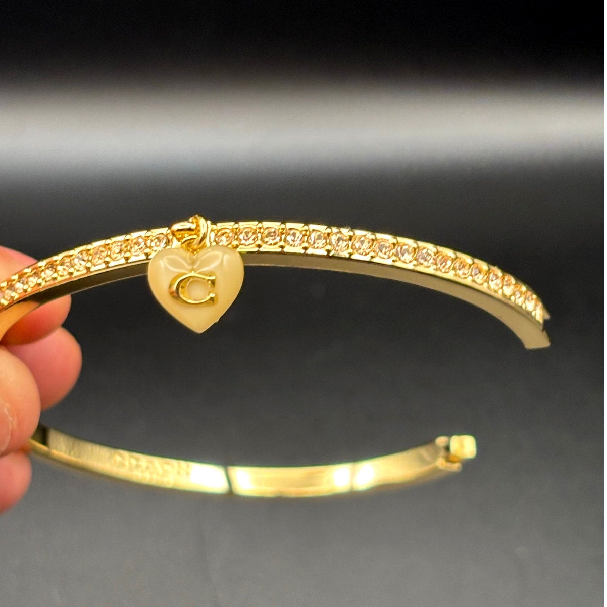 Coach Gold-Tone Stone Heart Charm Bangle Women’s Bracelet NWT Gift Ready