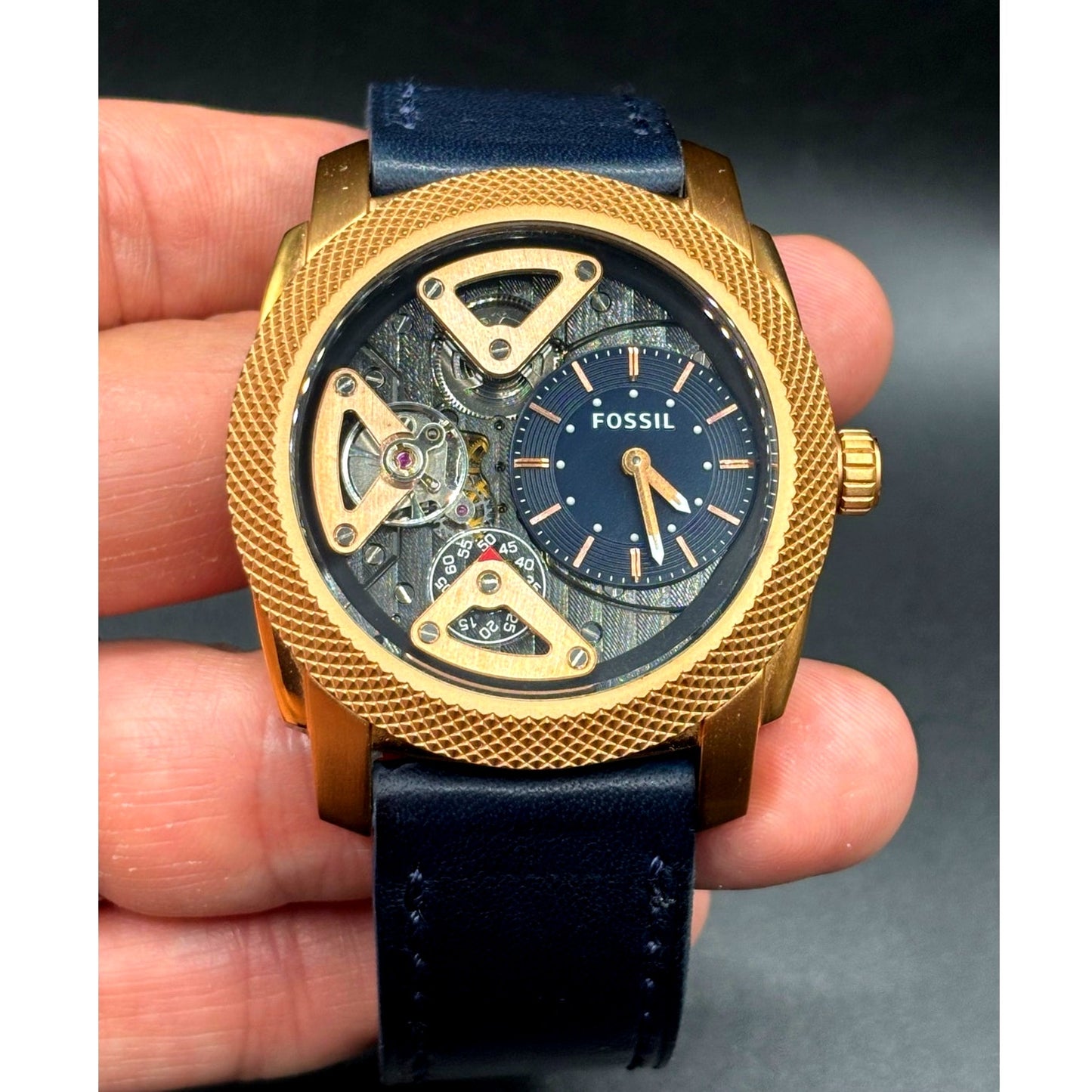 Fossil ME1158 Machine Twist Hybrid Rose Gold Blue Leather Men's Watch 45mm