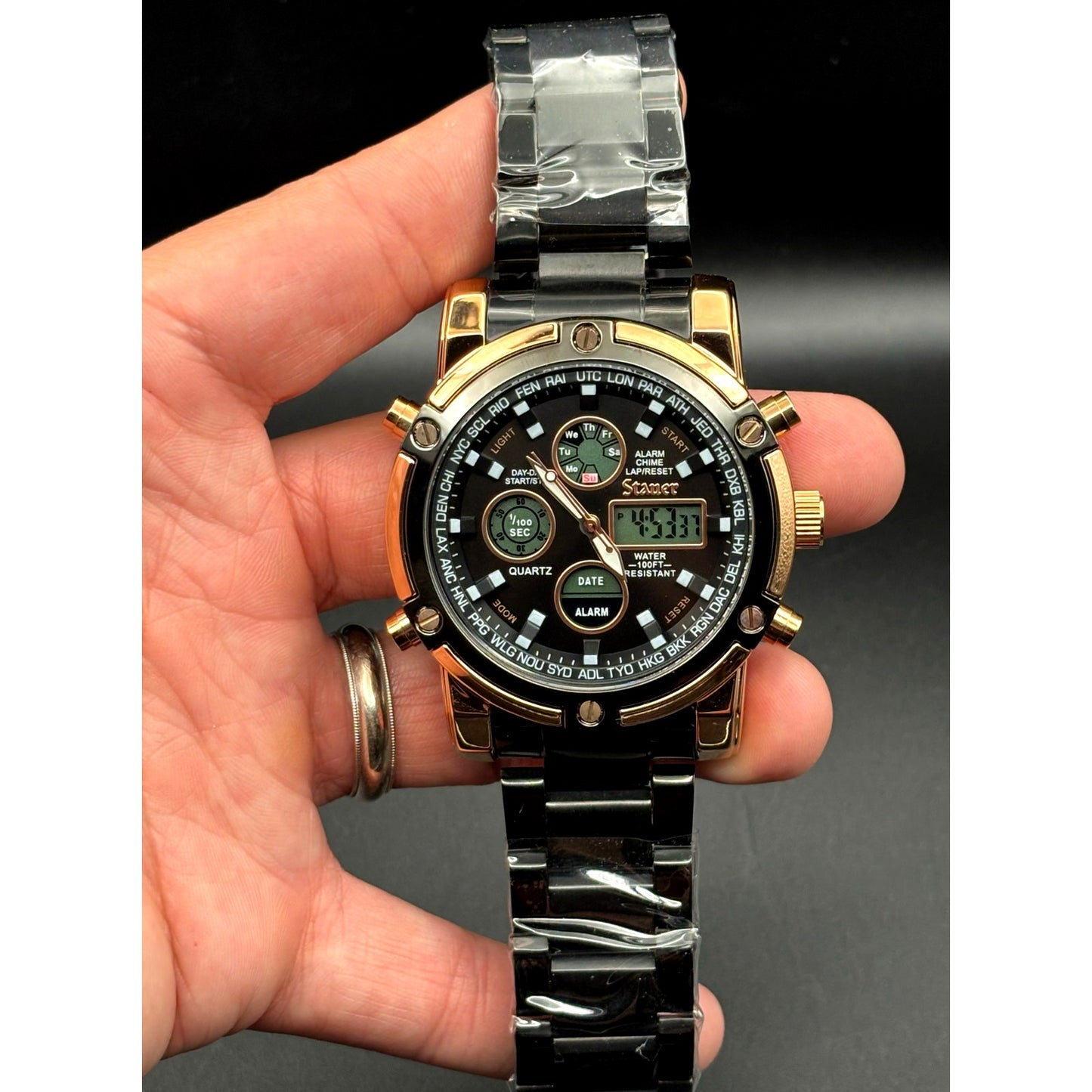 Stauer 52318 Due Volta Chronograph Men's Watch 48mm Rose Gold Black Steel NIB