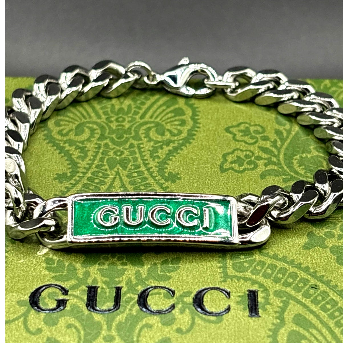 Gucci Sterling Silver Turquoise Enamel Logo ID Unisex Bracelet 7.5 NIB