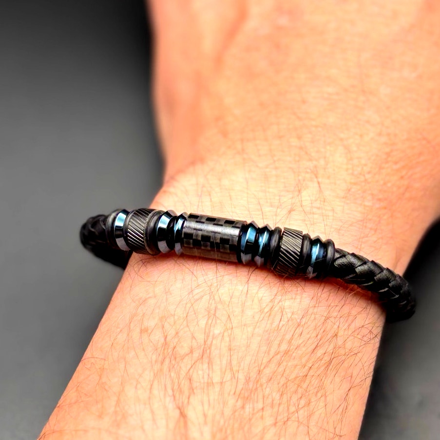 Blackjack BJB210BL Men's Leather Blue Stainless Steel Bracelet With Carbon Fiber