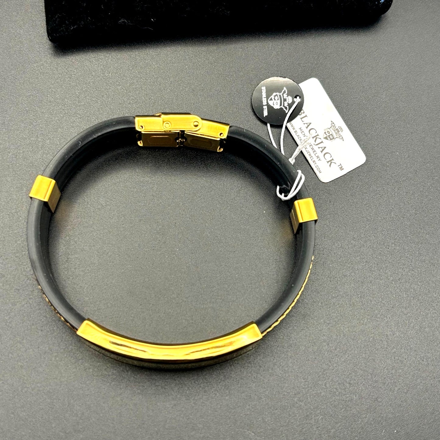 Blackjack BJB251G Mens Black Silicone Gold Stainless Steel Wire Bangle Bracelet