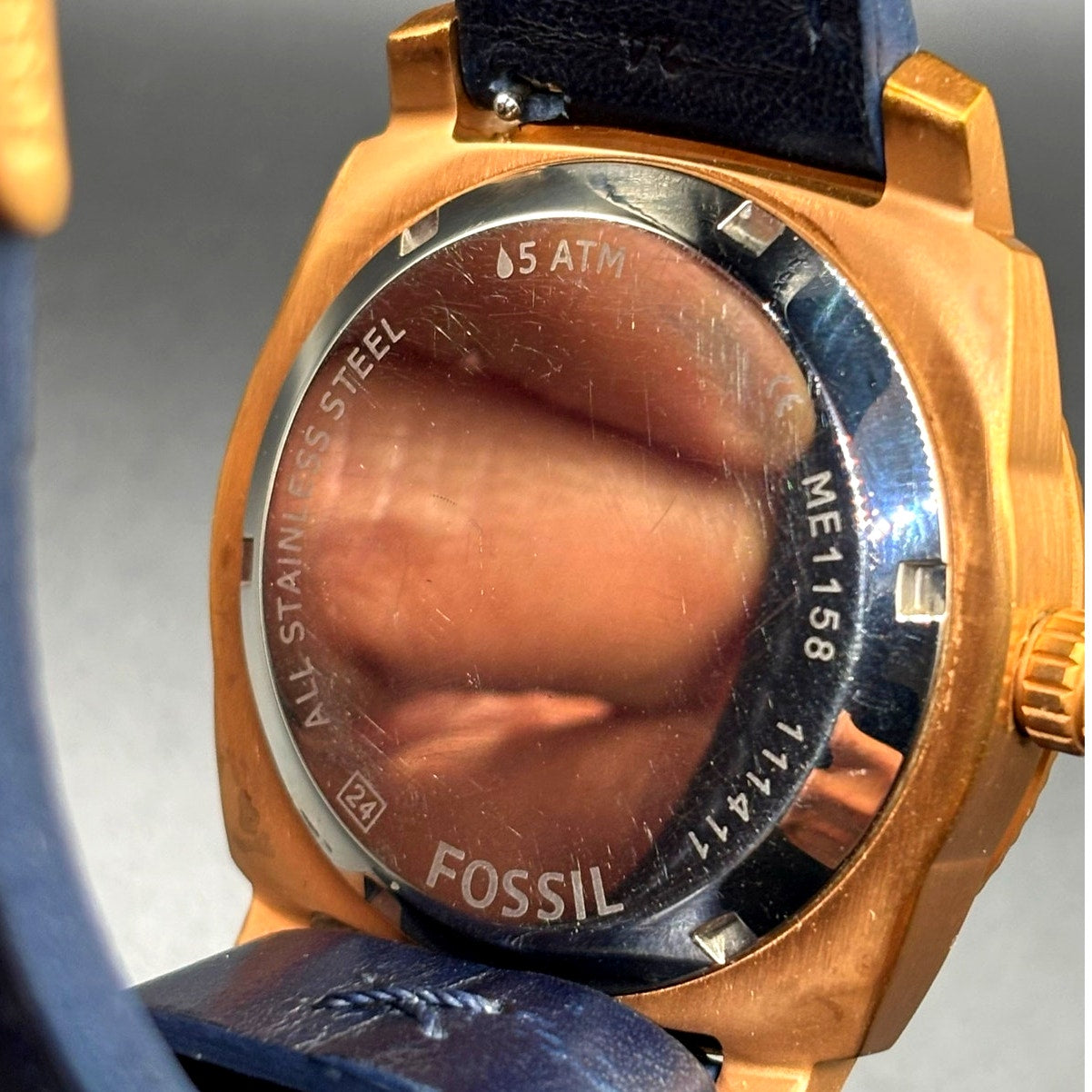 Fossil ME1158 Machine Twist Hybrid Rose Gold Blue Leather Men's Watch 45mm