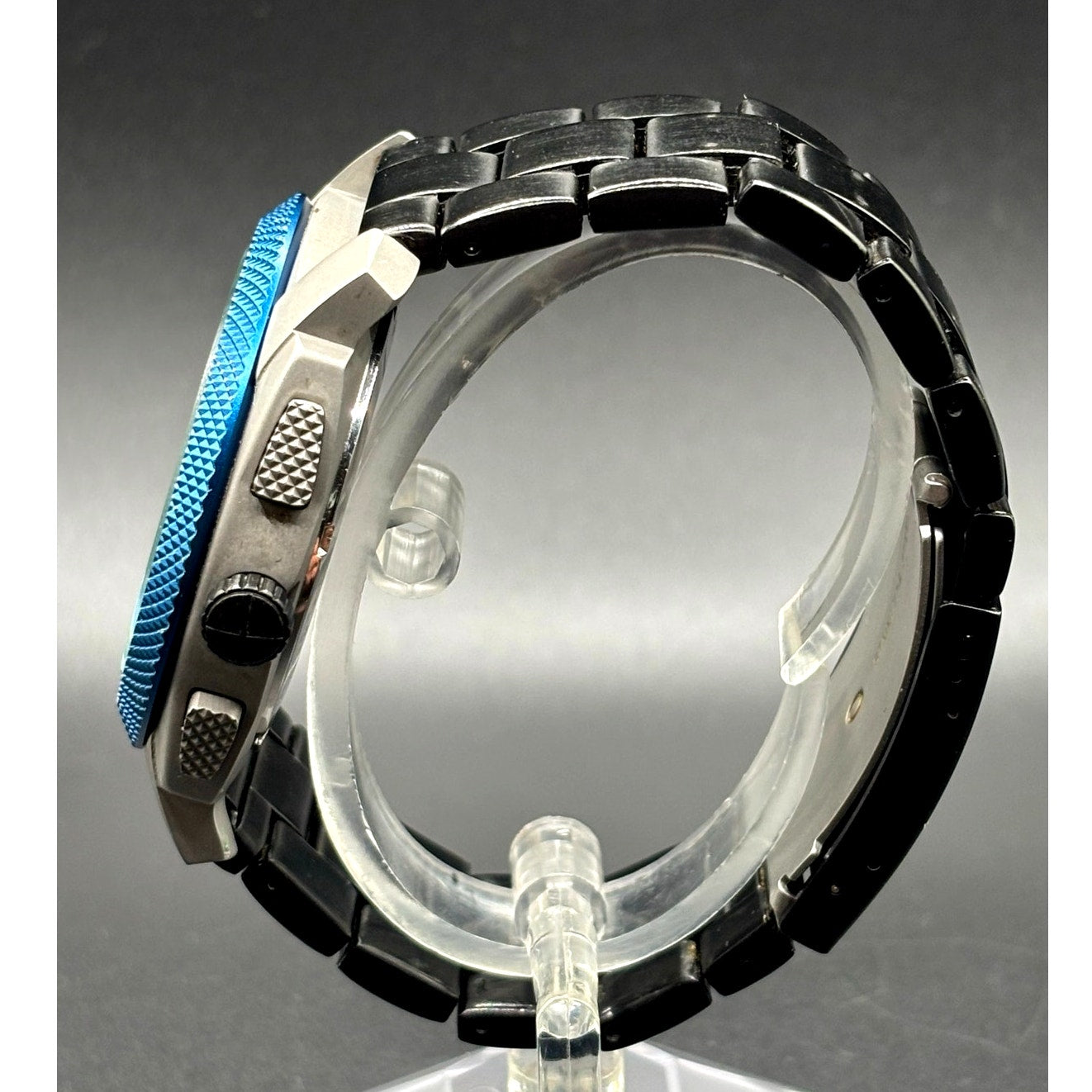 Fossil Machine FS4659 Men’s Chronograph Blue Bezel Gray Dial Black IP Watch