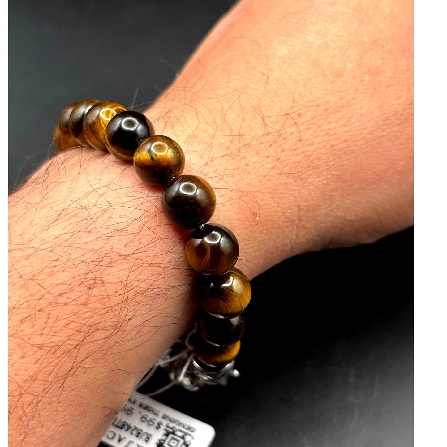 Blackjack BJB244BTE Mens Genuine 10mm Tiger Eye Stainless Steel Beaded Bracelet
