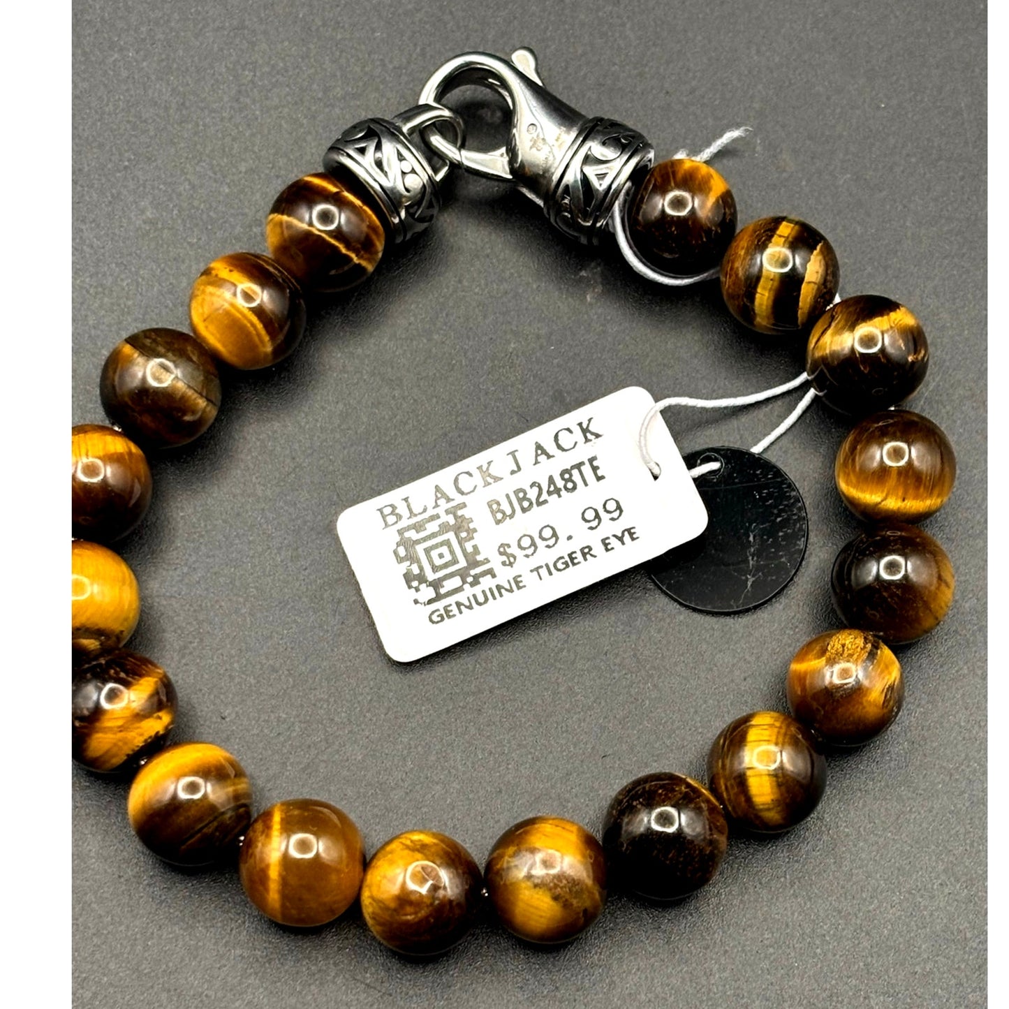Blackjack BJB244BTE Mens Genuine 10mm Tiger Eye Stainless Steel Beaded Bracelet