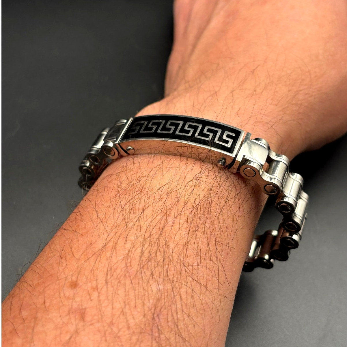 Mens Stainless Steel Chain Bracelet Black Onyx Inlay Greek Key New In Box
