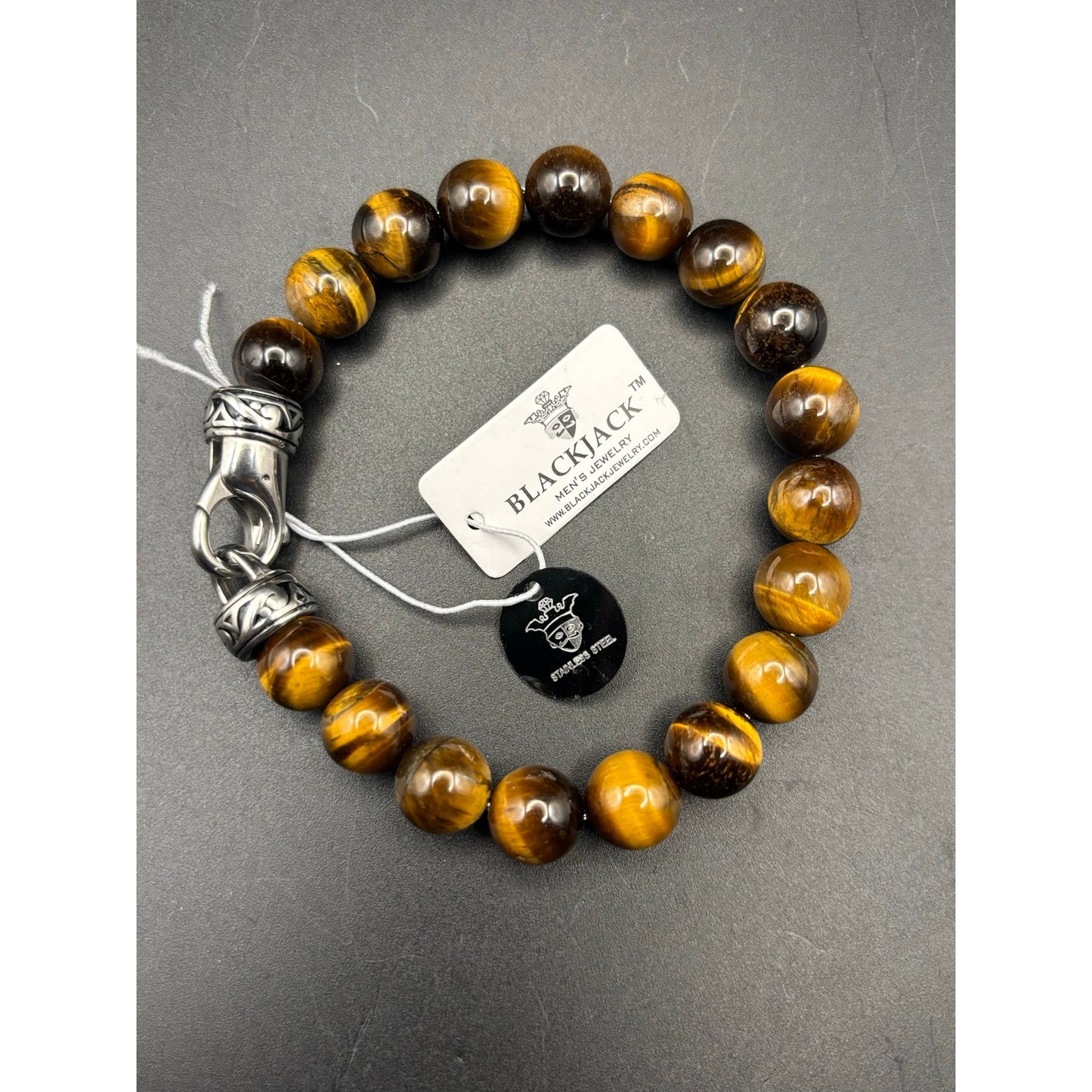 Blackjack BJB244BTE Mens Genuine 10mm Tiger Eye Stainless Steel Beaded Bracelet