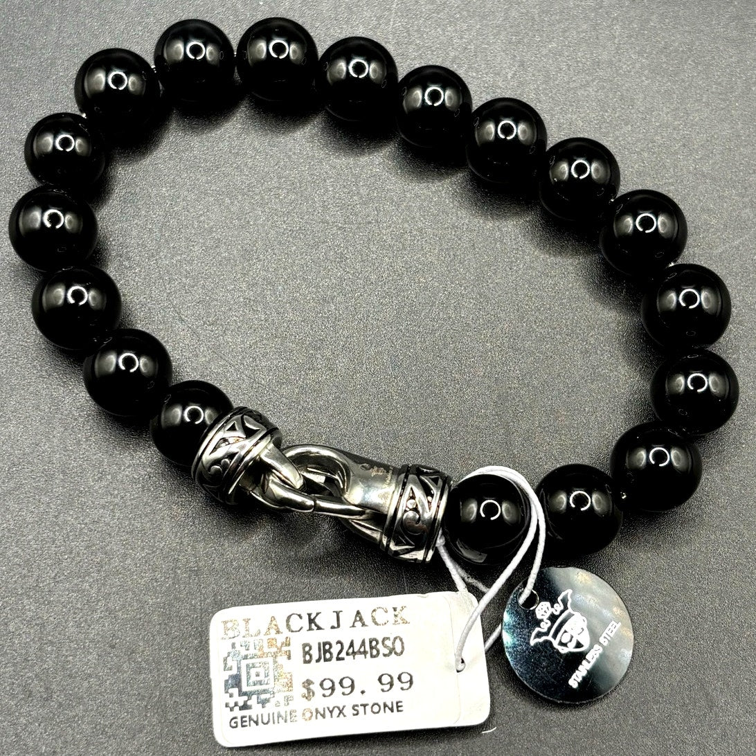 Blackjack BJS244BSO Men's Black Onyx Beaded Bracelet Stainless Steel NIBWT