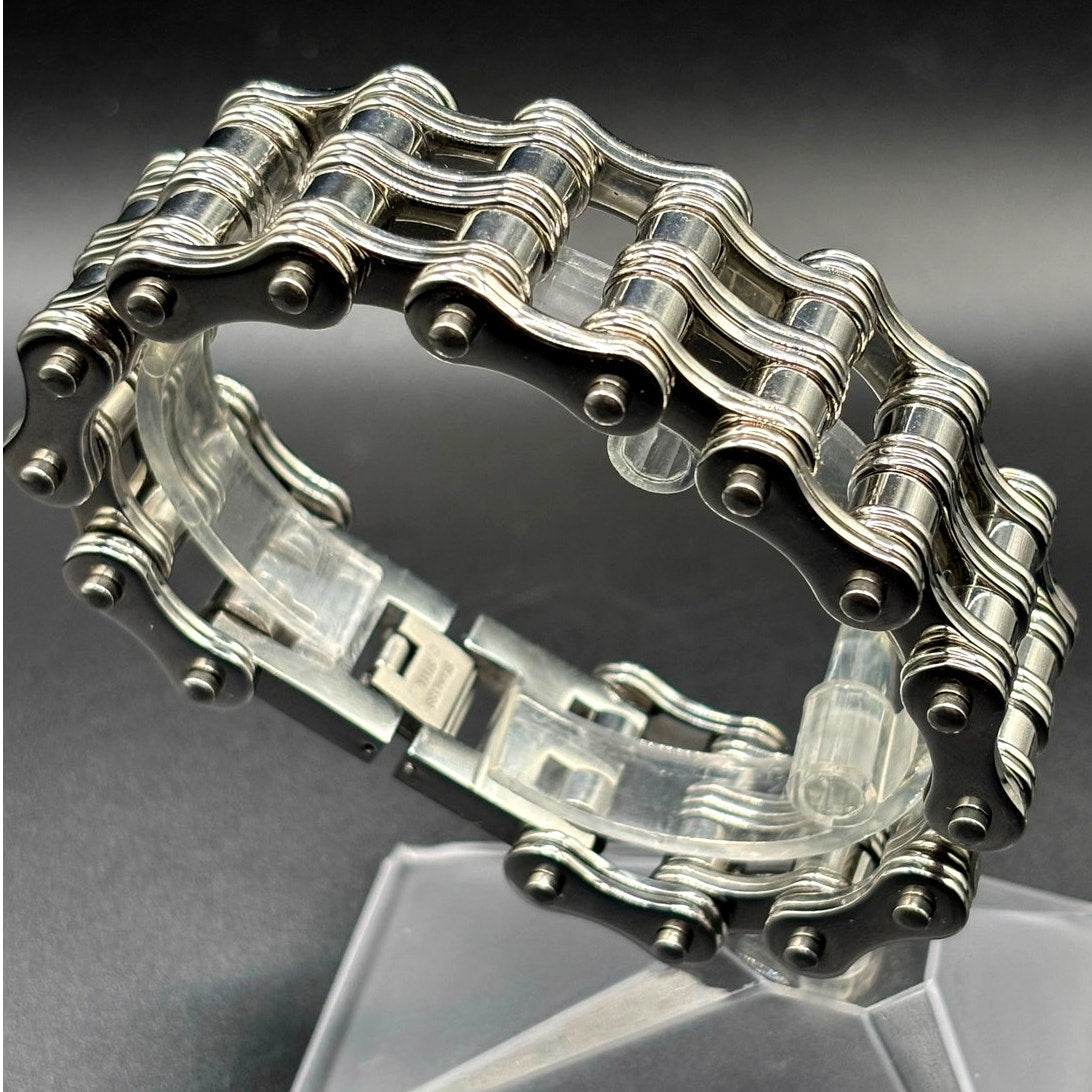 Men's Stainless Steel Motorcycle Double Chain Link 8.5" Bracelet Signed NEW
