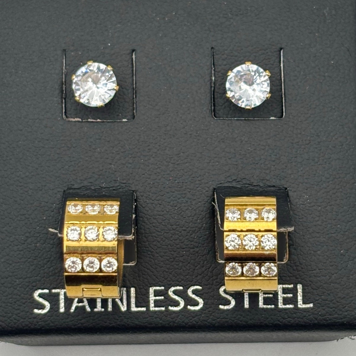 SteelTime Men’s Stainless Steel Earring Set – Gold Huggies + CZ Studs