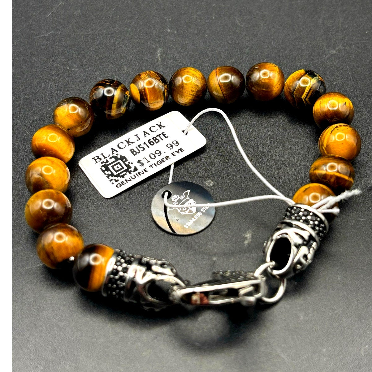 Blackjack BJS16BTE Men's Genuine 10mm Tiger Eye Stainless Steel Beaded Bracelet