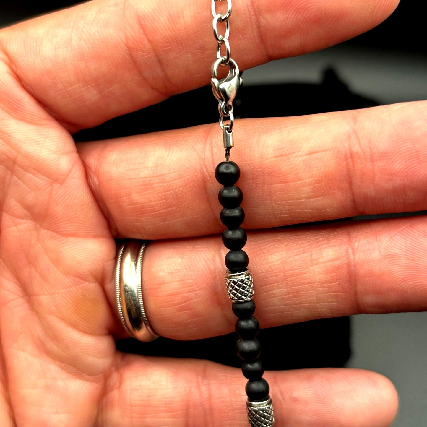Blackjack BJS37BON Mens Genuine Onyx Stainless Steel Beaded Bracelet NIBWT