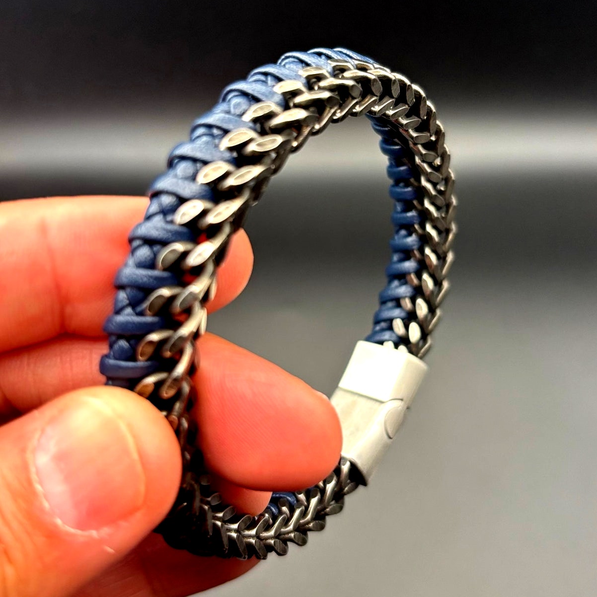 Bain Miller Mens Stainless Steel Blue Leather Woven Bracelet Slide Lock Clasp
