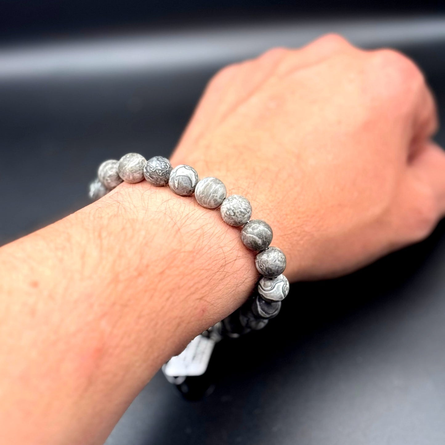 Blackjack BJB244BJ Men’s 10mm Gray Jasper Stainless Steel Beaded Bracelet NWT