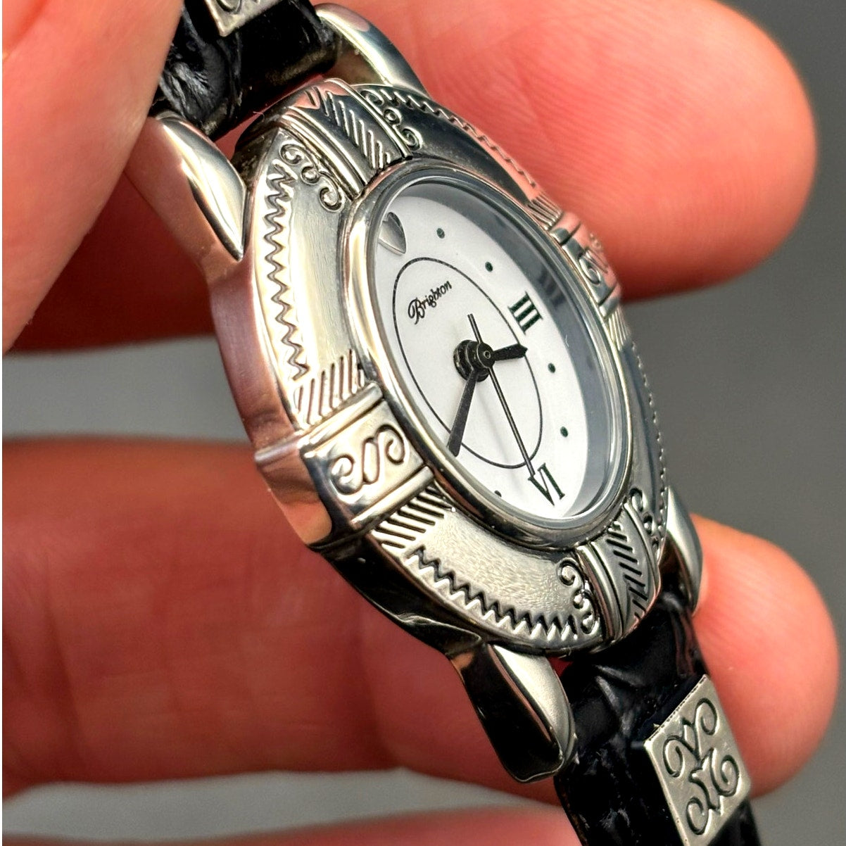 Brighton Moscow Women’s Silver Oval Black Italian Leather Vintage Watch NIB