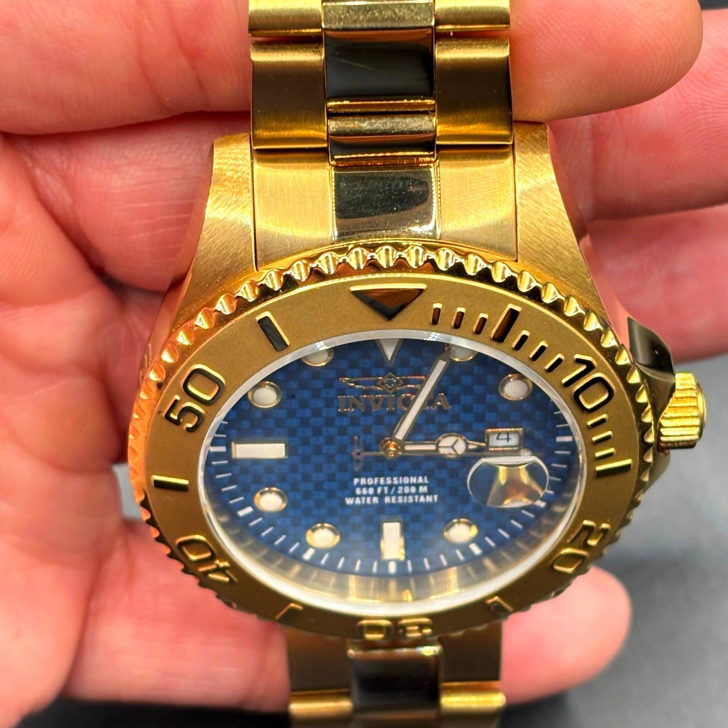 Invicta Pro Diver 15193 Gold Tone Blue Dial 47mm Men’s Dive Style Watch NIBWT