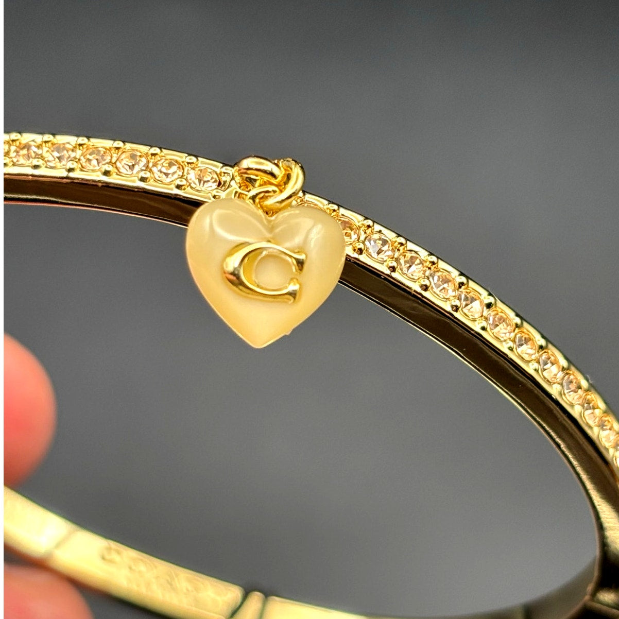 Coach Gold-Tone Stone Heart Charm Bangle Women’s Bracelet NWT Gift Ready