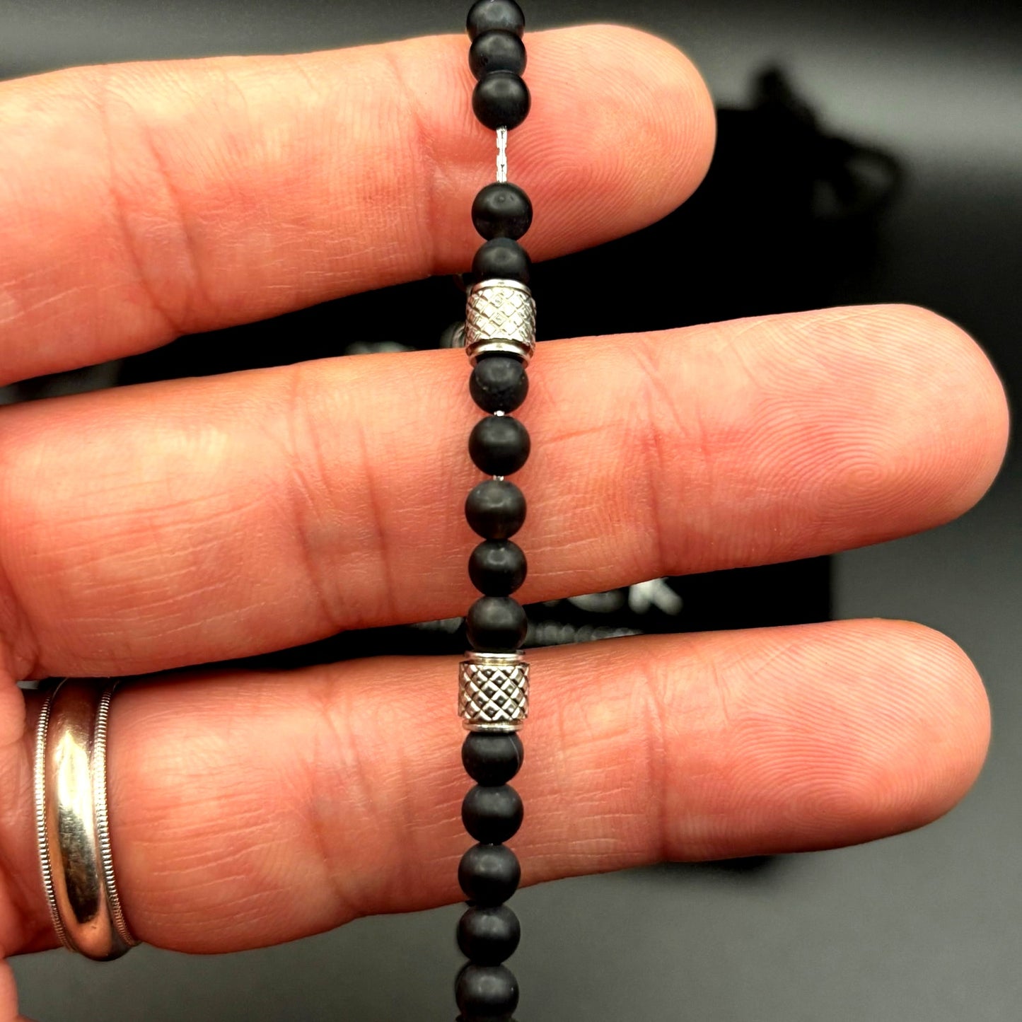 Blackjack BJS37BON Mens Genuine Onyx Stainless Steel Beaded Bracelet NIBWT