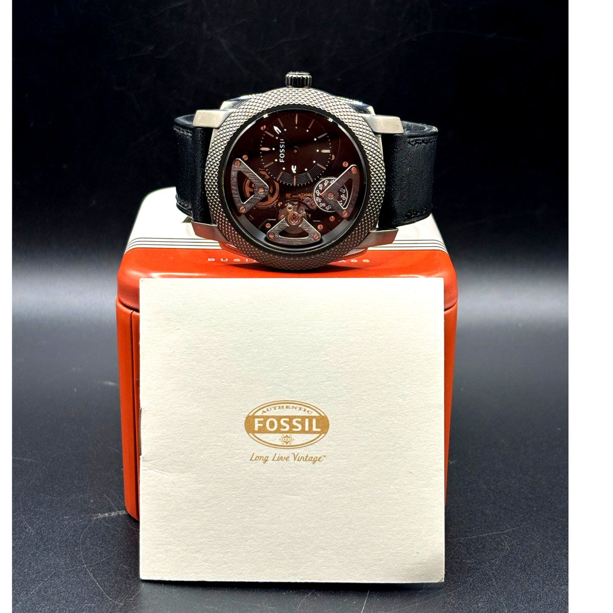 Fossil ME1129 Machine Twist Hybrid Smoke Gray Black Leather Men's Watch 45mm