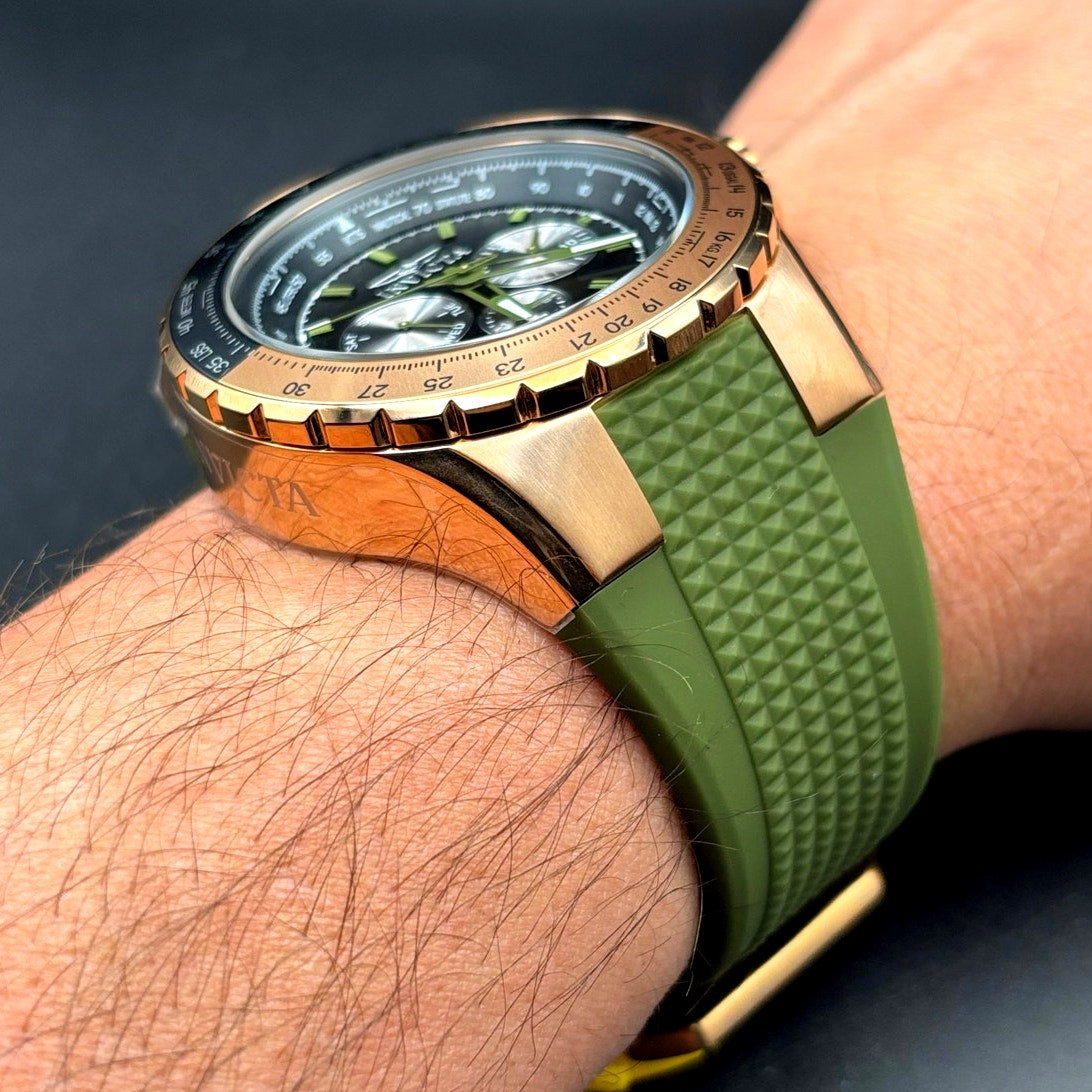 Invicta Aviator Skyshock 39311 50mm Men's Gold Green Silicone Strap Watch NIBWT