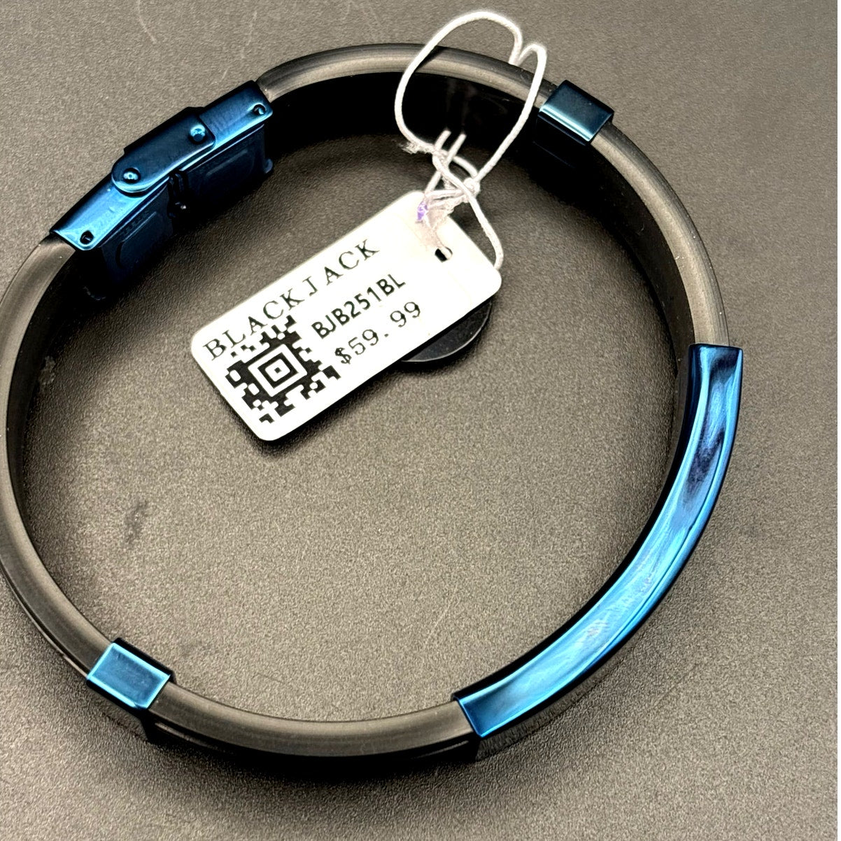 Blackjack BJB251BL Mens Blue Silicone Black Stainless Steel  Bangle ID Bracelet