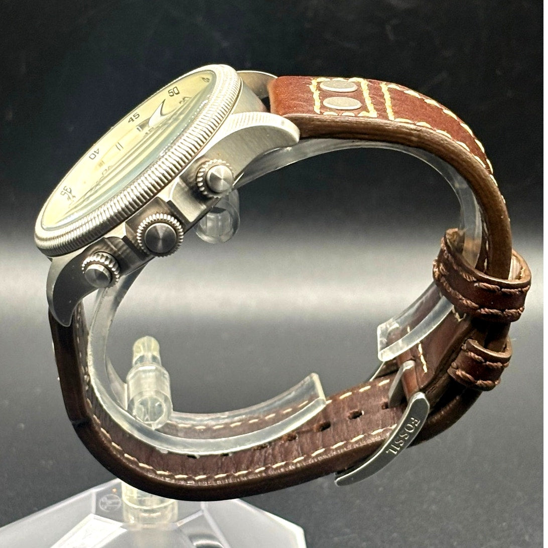 Fossil FS5043 Recruiter GMT Alarm Cream Dial Leather Strap Men’s 44mm Watch