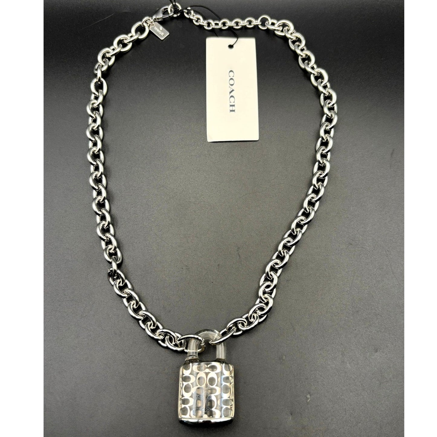 Coach Signature Lucite Padlock Pendant Women's 16” Necklace Silver Tone NWT