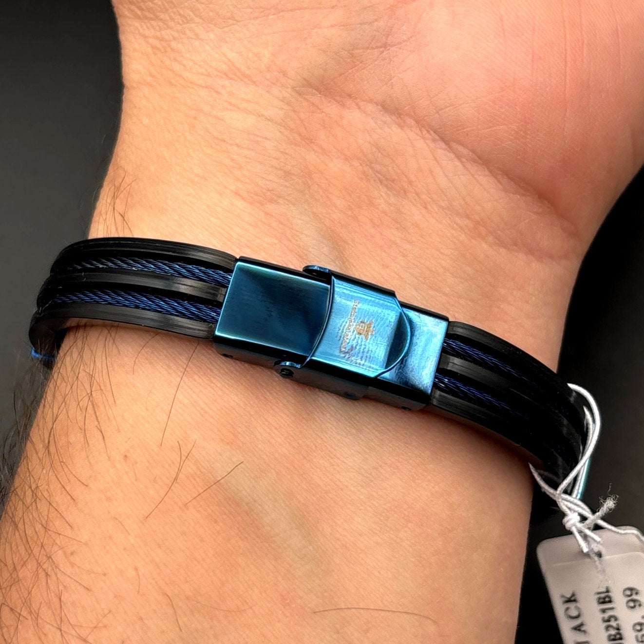Blackjack BJB251BL Mens Blue Silicone Black Stainless Steel  Bangle ID Bracelet