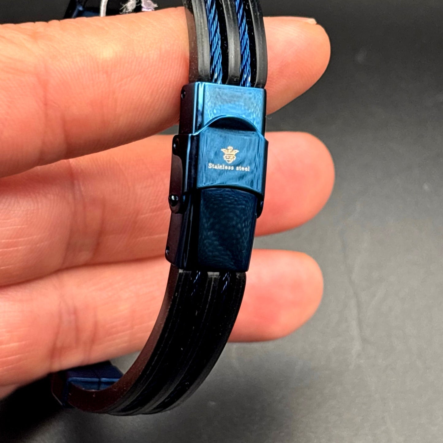 Blackjack BJB251BL Mens Blue Silicone Black Stainless Steel  Bangle ID Bracelet